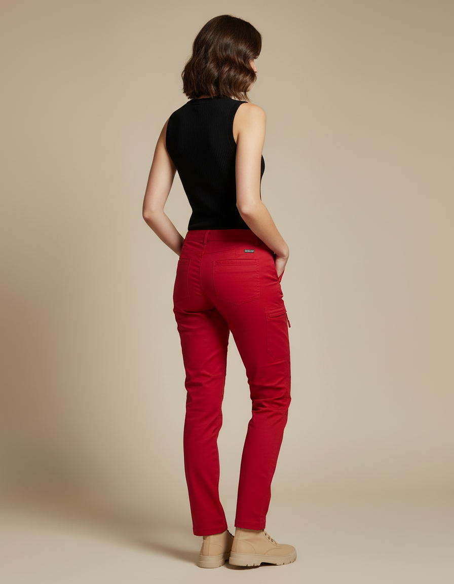 Pantalon Cargo Rouge Droit Multipoches Coton Femme - vue 2