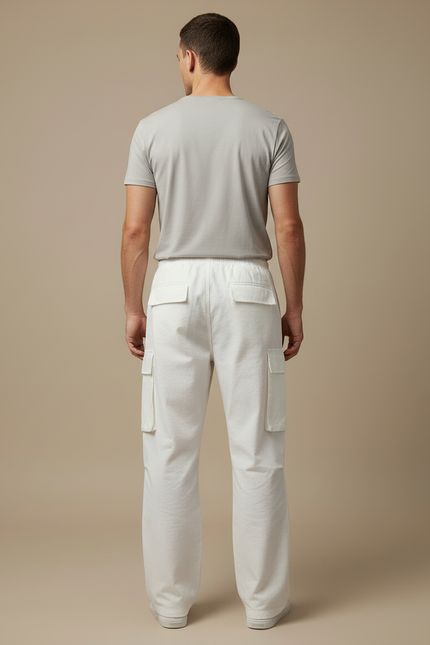 Pantalon Cargo Blanc Ample Coton Casual Décontracté - Toile - vue 2