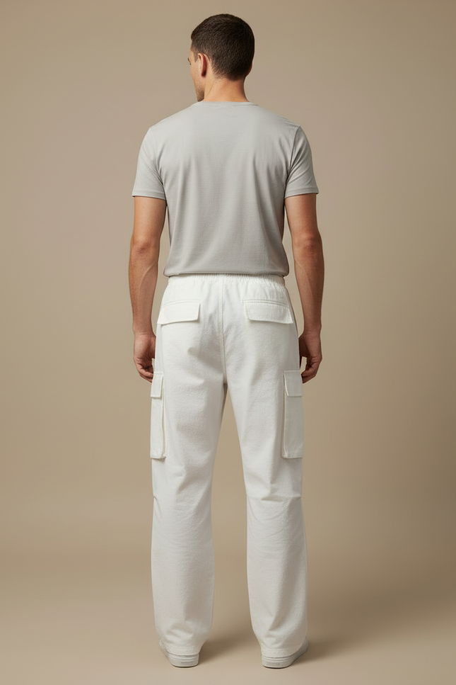 Pantalon Cargo Blanc Ample Coton Casual Décontracté - Toile - vue 2