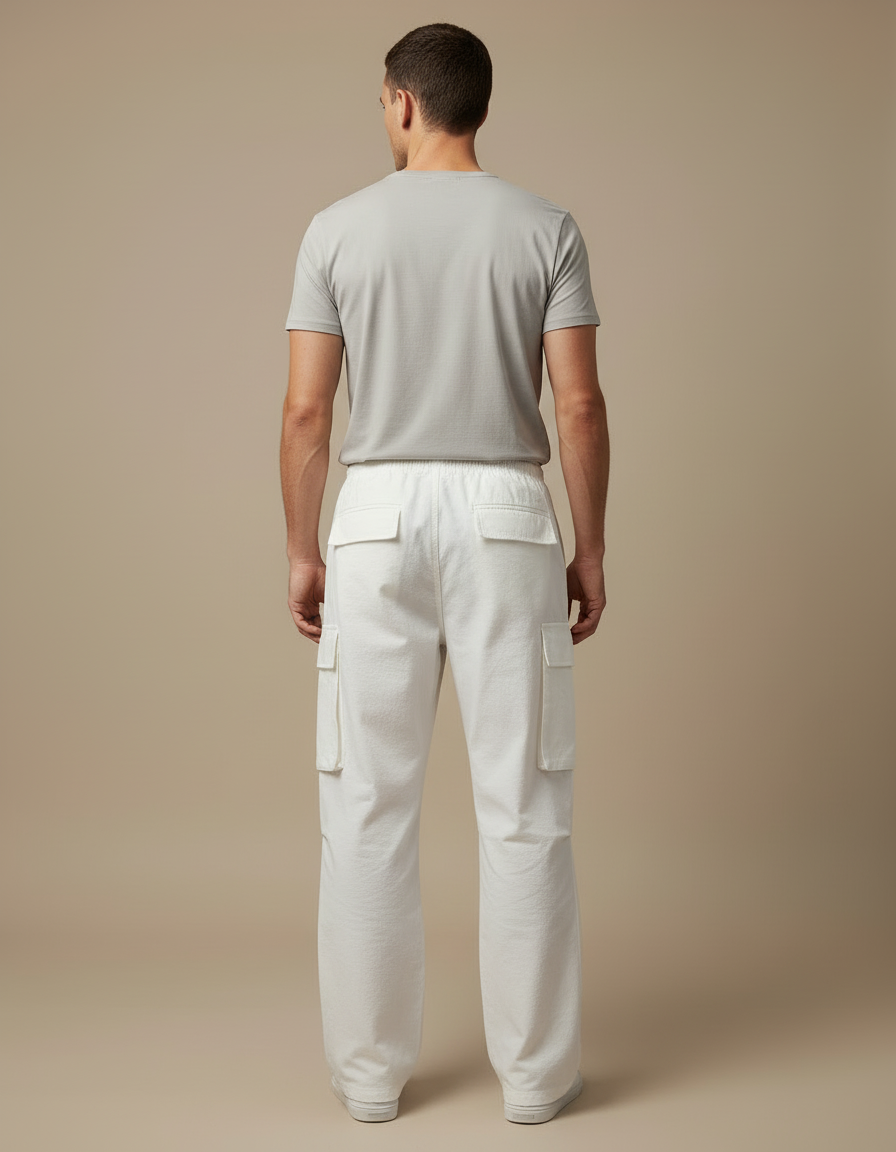 Pantalon Cargo Blanc Ample Coton Casual Décontracté - Toile - vue 2