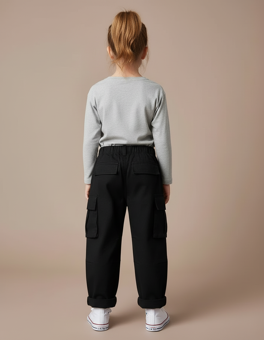 Pantalon Cargo Fille Noir Large - Toile - vue 2