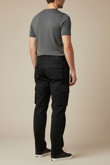 Pantalon Cargo Noir Coton Multipoches Décontracté Coupe Droite - vue 2