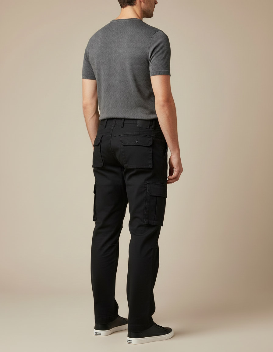 Pantalon Cargo Noir Coton Multipoches Décontracté Coupe Droite - vue 2