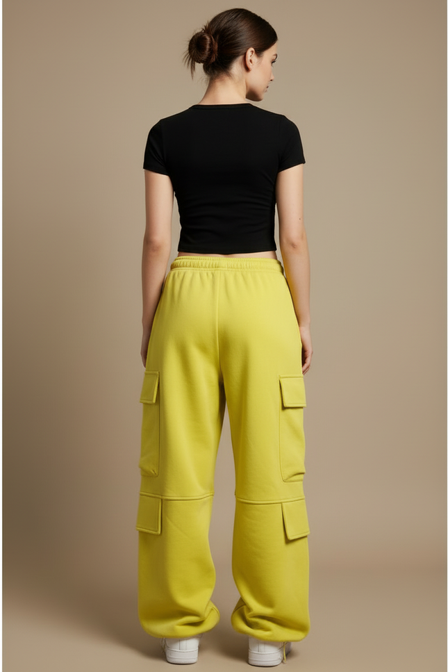 Pantalon Cargo Jaune Ample Coton Multipoches Femme - Molleton - vue 2