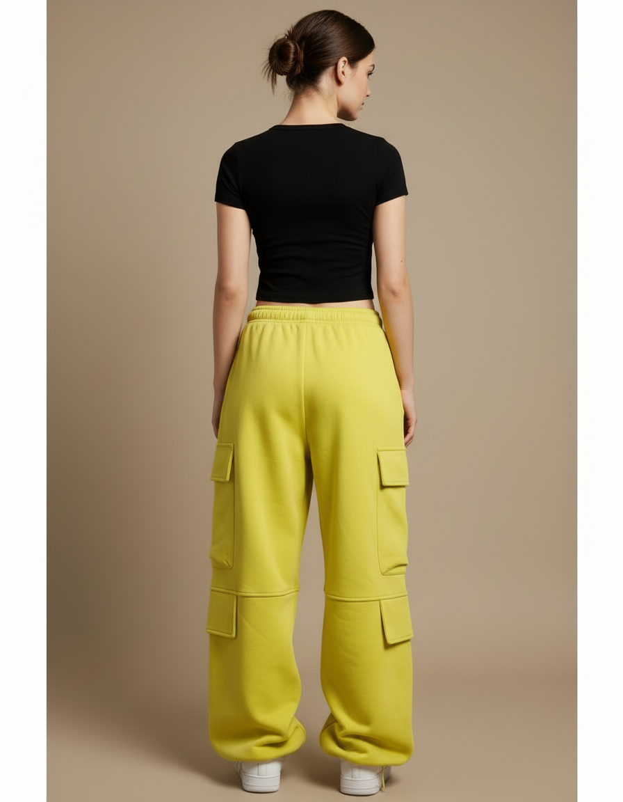 Pantalon Cargo Jaune Ample Coton Multipoches Femme - Molleton - vue 2