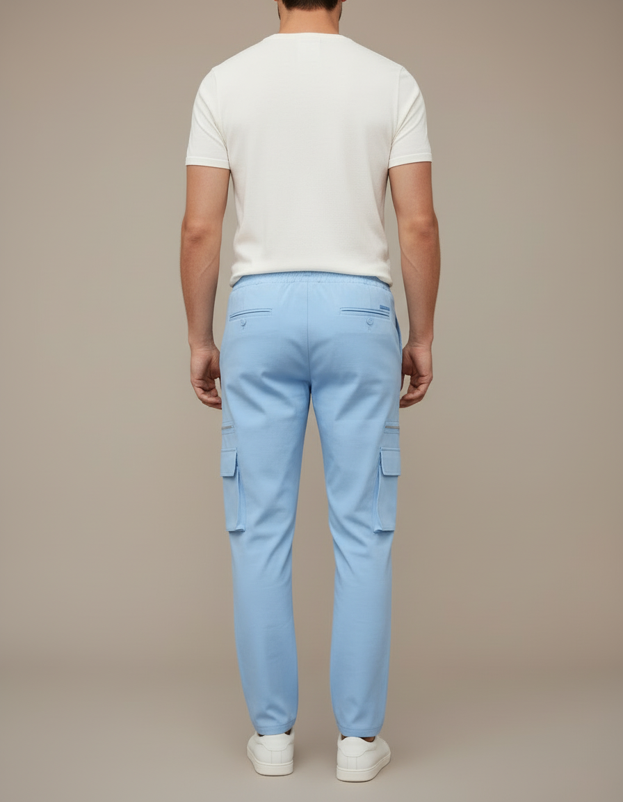 Pantalon Cargo Bleu Ciel Décontracté Cordon Poches Zippées - Polyester - vue 2
