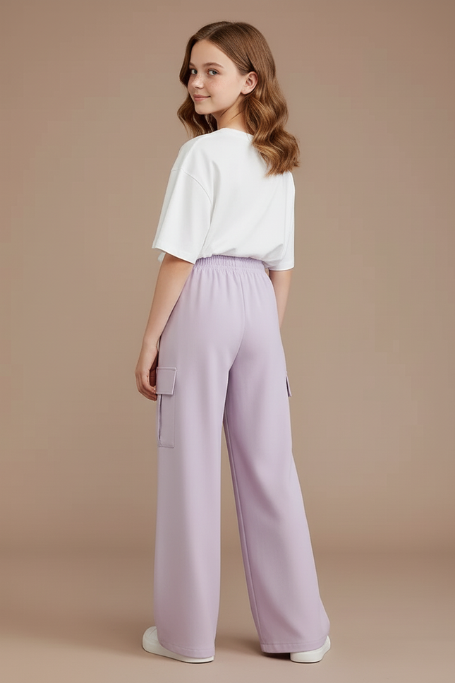 Pantalon Cargo Lilas Ample Fluide Élastique Fille - Violet Polyester - vue 2