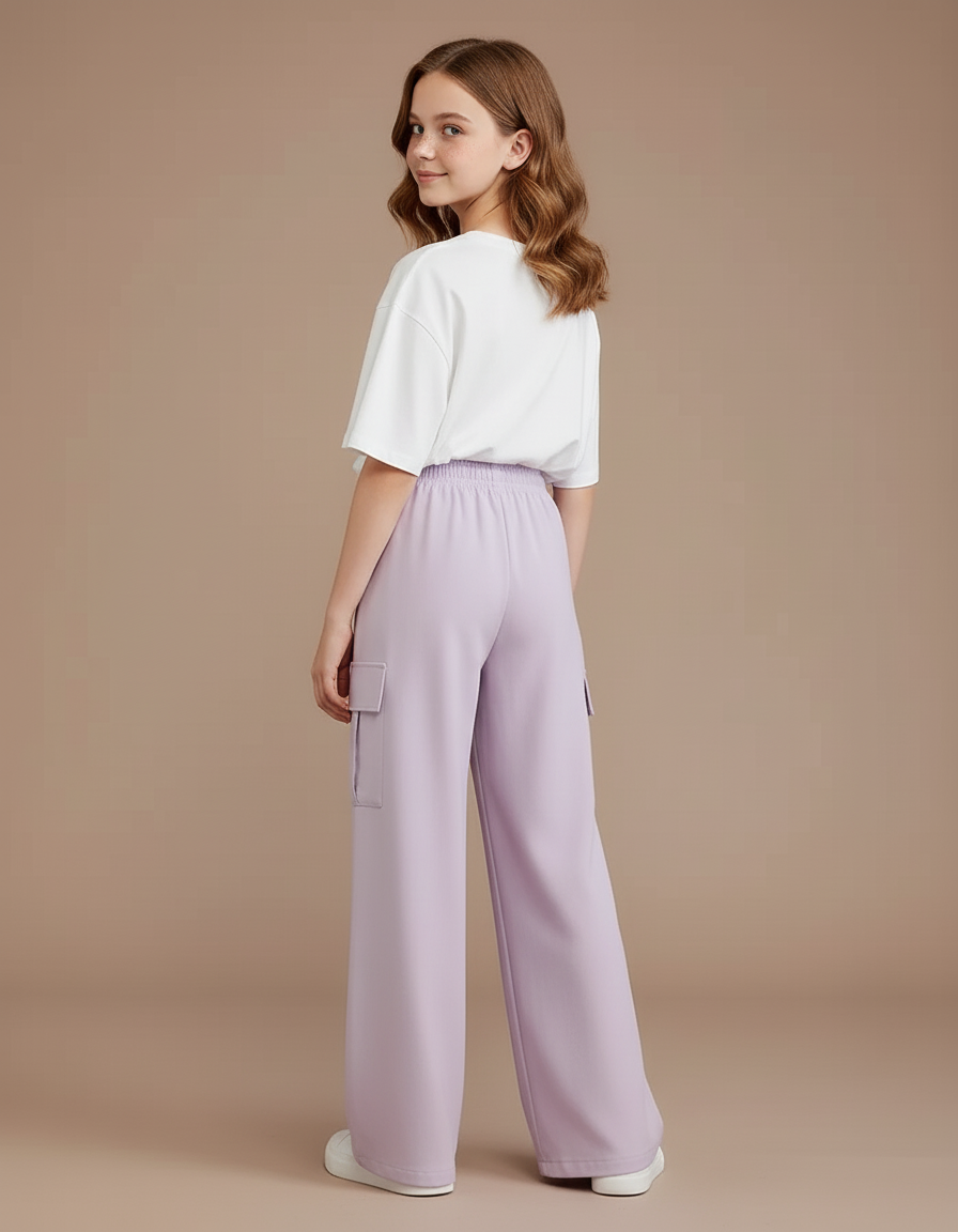 Pantalon Cargo Lilas Ample Fluide Élastique Fille - Violet Polyester - vue 2