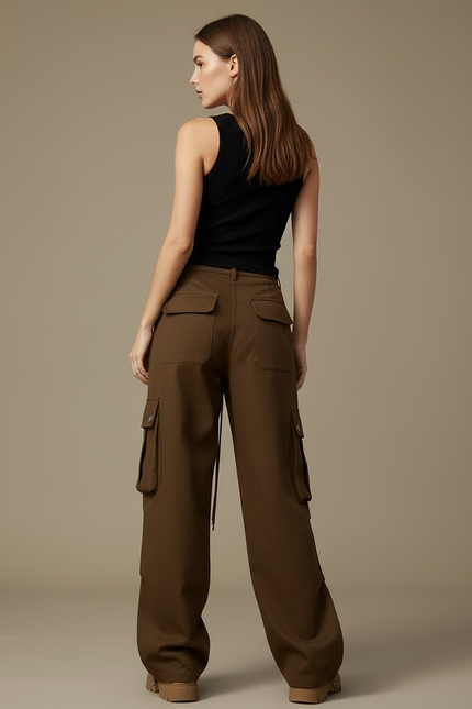 Pantalon Cargo Marron Ample Multipoches Femme - Gabardine - vue 2