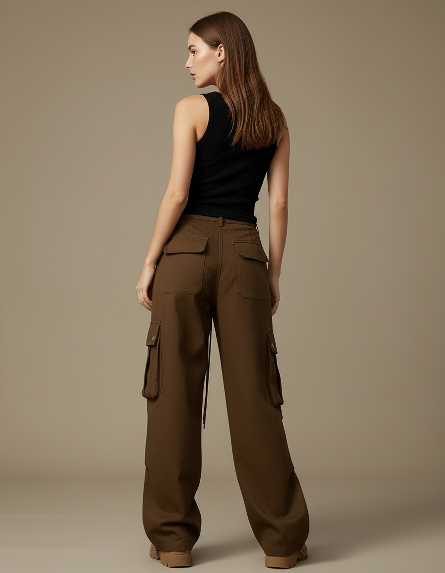 Pantalon Cargo Marron Ample Multipoches Femme - Gabardine - vue 2