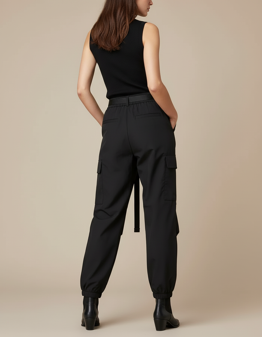 Pantalon Cargo Noir Fluide Ceinturé Multipoches Femme - Polyester - vue 2