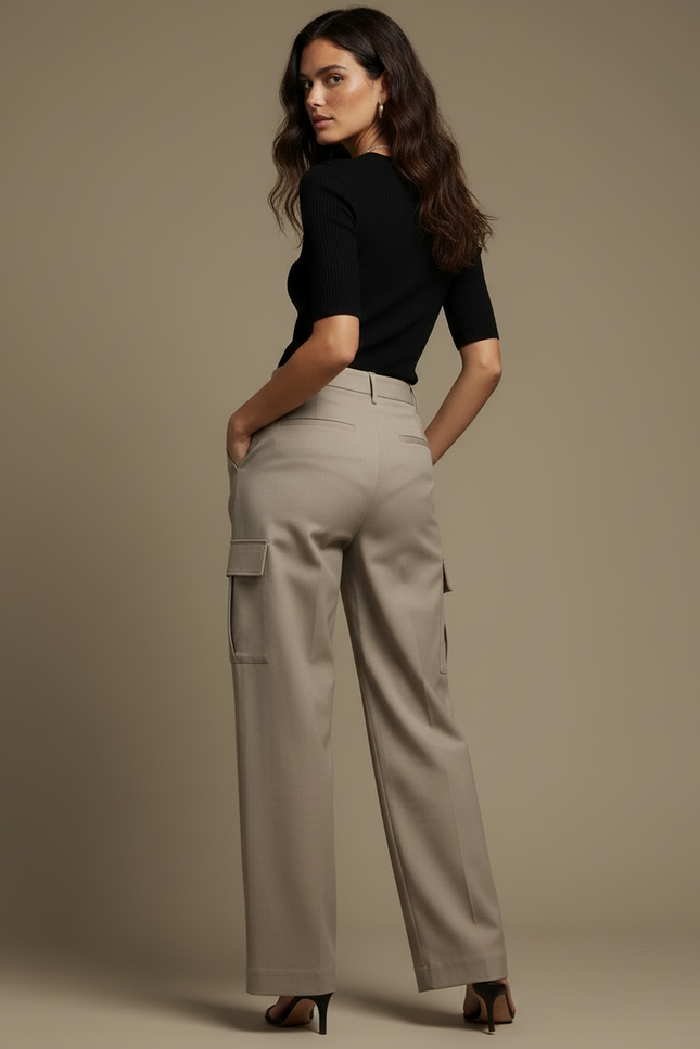 Pantalon Cargo Kaki Ample Taille Haute Femme - Gabardine - vue 2