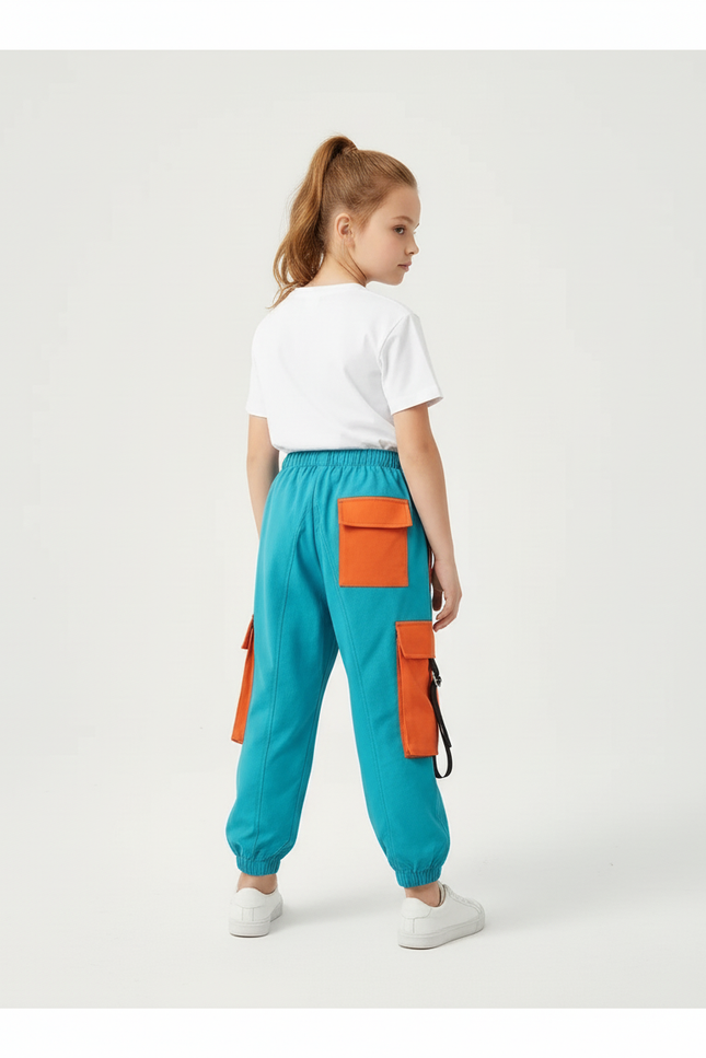 Pantalon Cargo Bleu Orange Ample Sangles Enfant - Molleton - vue 2
