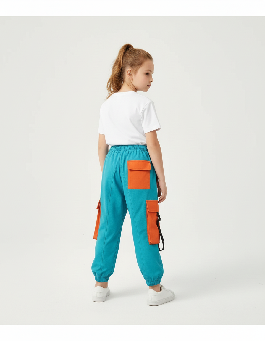 Pantalon Cargo Bleu Orange Ample Sangles Enfant - Molleton - vue 2