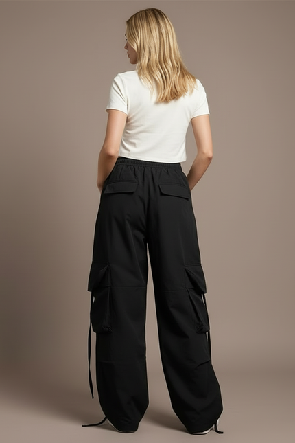 Pantalon Cargo Noir Ample Uni Femme Streetwear - Polyester - vue 2