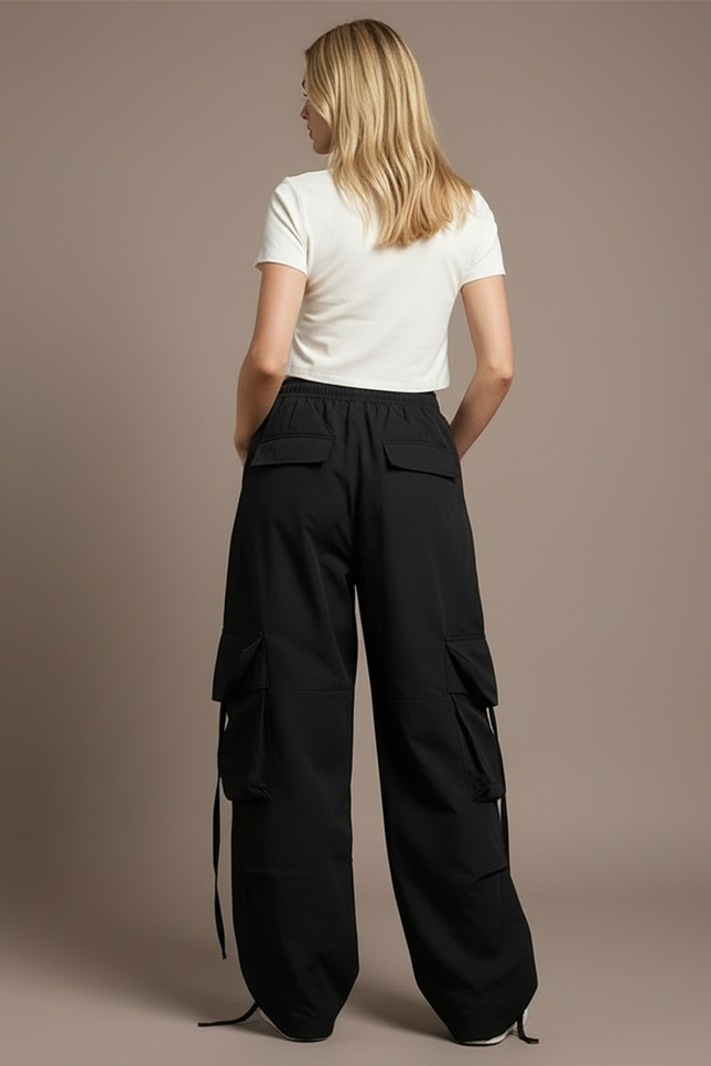 Pantalon Cargo Noir Ample Uni Femme Streetwear - Polyester - vue 2