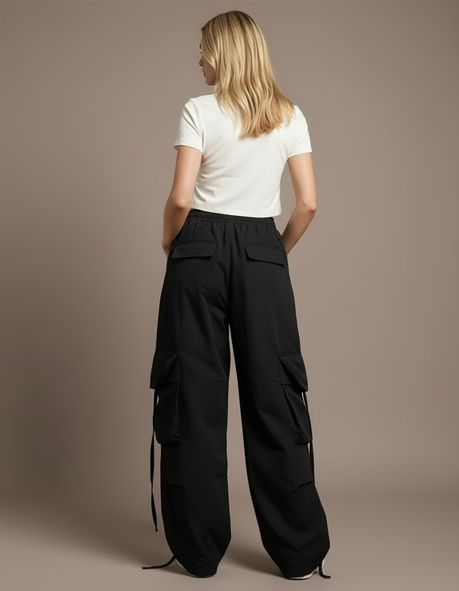 Pantalon Cargo Noir Ample Uni Femme Streetwear - Polyester - vue 2
