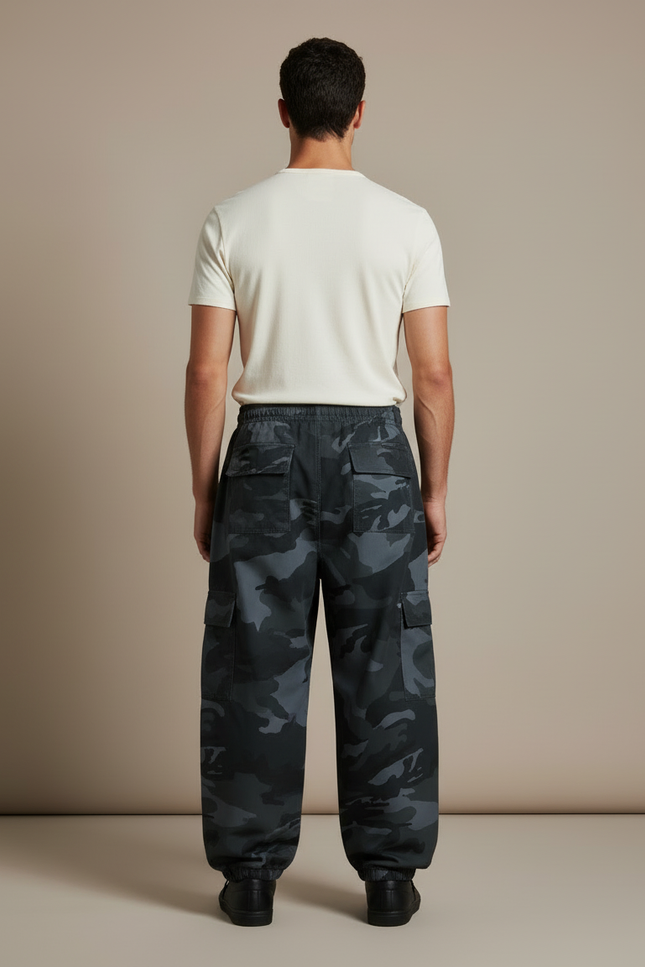 Pantalon Cargo Camouflage Noir Ample Multipoches Homme - Molleton - vue 2
