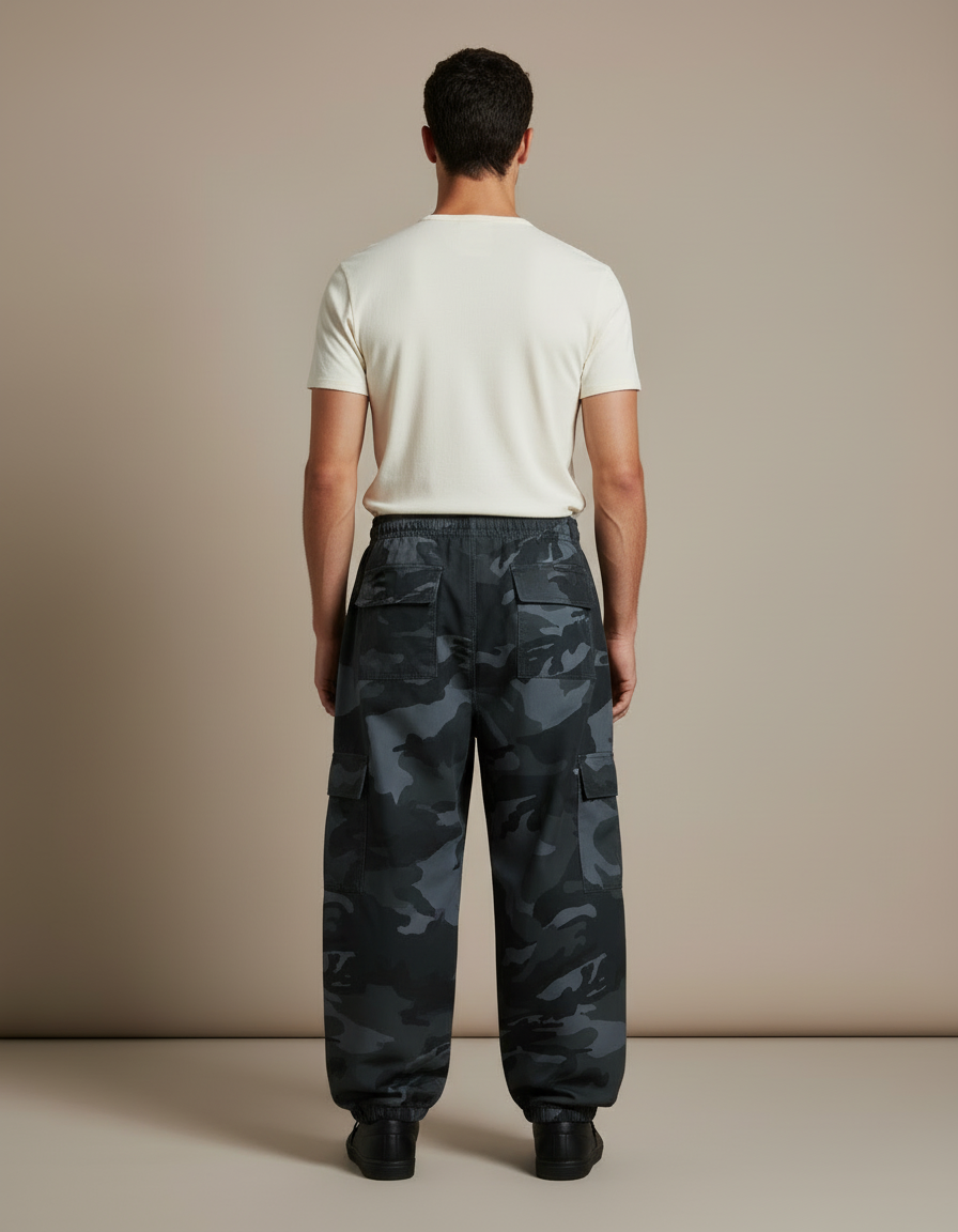 Pantalon Cargo Camouflage Noir Ample Multipoches Homme - Molleton - vue 2