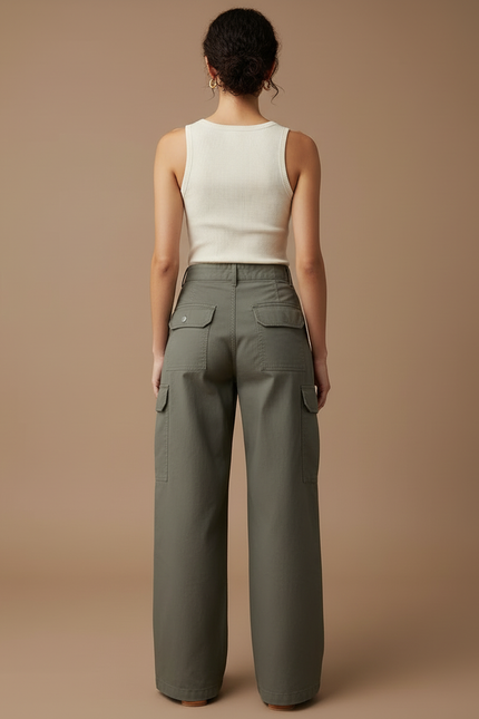 Pantalon Cargo Kaki Ample Taille Haute Multipoches - Toile - vue 2