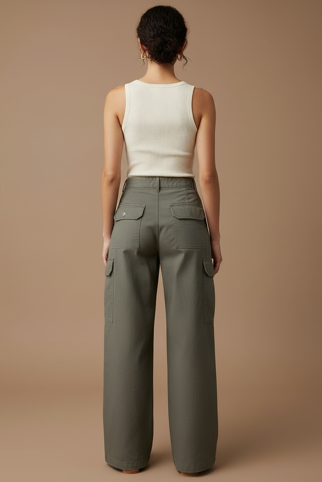 Pantalon Cargo Kaki Ample Taille Haute Multipoches - Toile - vue 2