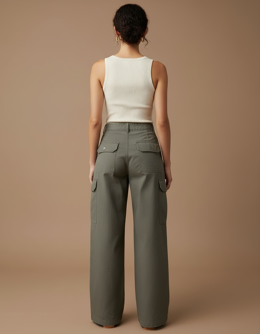 Pantalon Cargo Kaki Ample Taille Haute Multipoches - Toile - vue 2