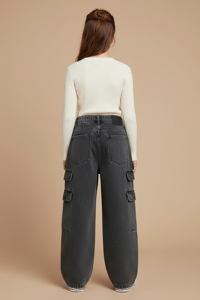 Pantalon Cargo Gris Denim Ample Enfant Multipoches - Jean - vue 2