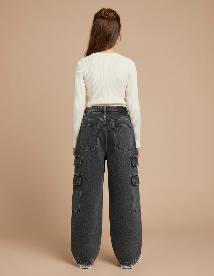 Pantalon Cargo Gris Denim Ample Enfant Multipoches - Jean - vue 2