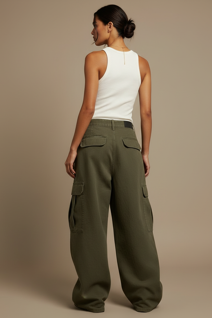 Pantalon Cargo Vert Kaki Ample Coupe Large Femme - Toile - vue 2