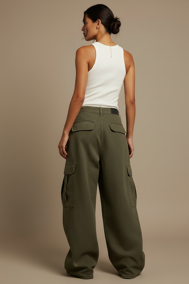 Pantalon Cargo Vert Kaki Ample Coupe Large Femme - Toile - vue 2