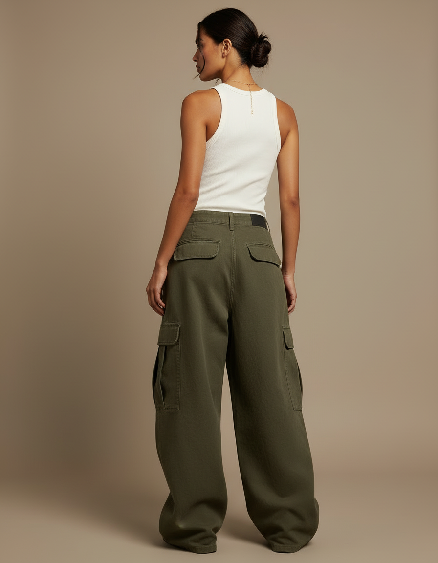 Pantalon Cargo Vert Kaki Ample Coupe Large Femme - Toile - vue 2