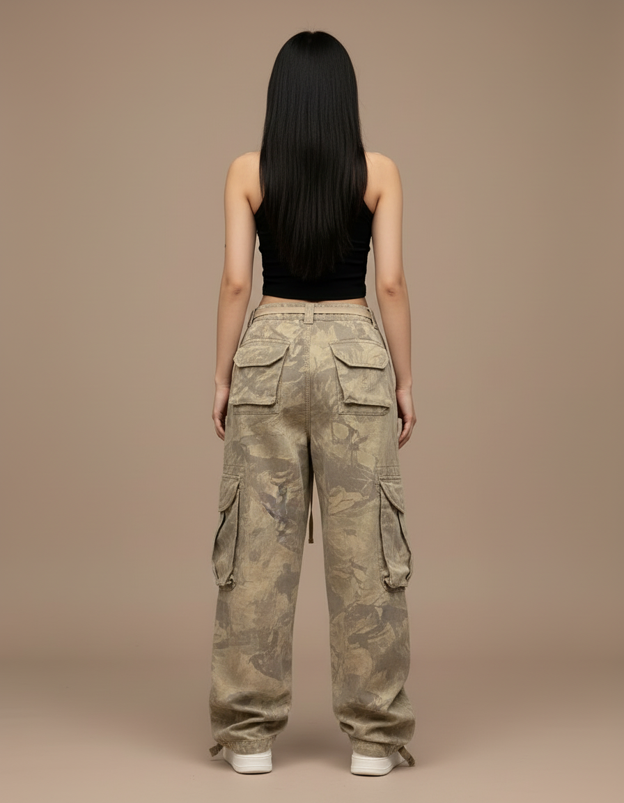 Pantalon Cargo Camouflage Vintage Ample Femme - Kaki Toile - vue 2