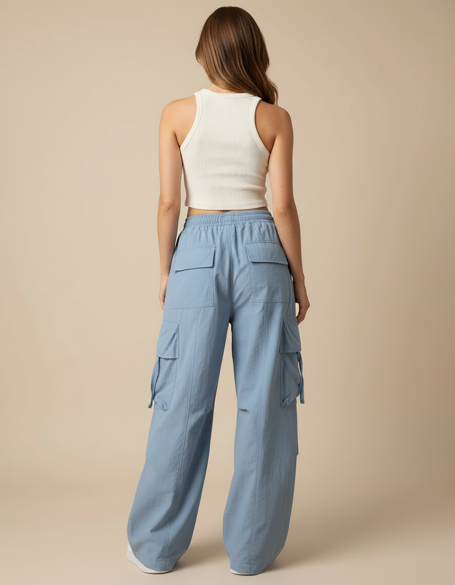 Pantalon Cargo Bleu Ample Décontracté Femme - Polyester - vue 2
