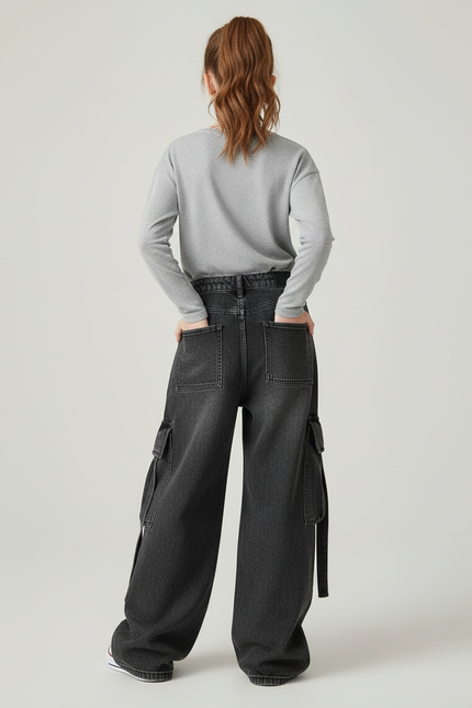 Pantalon Cargo Noir Ample Déchiré Denim Fille - Jean - vue 2