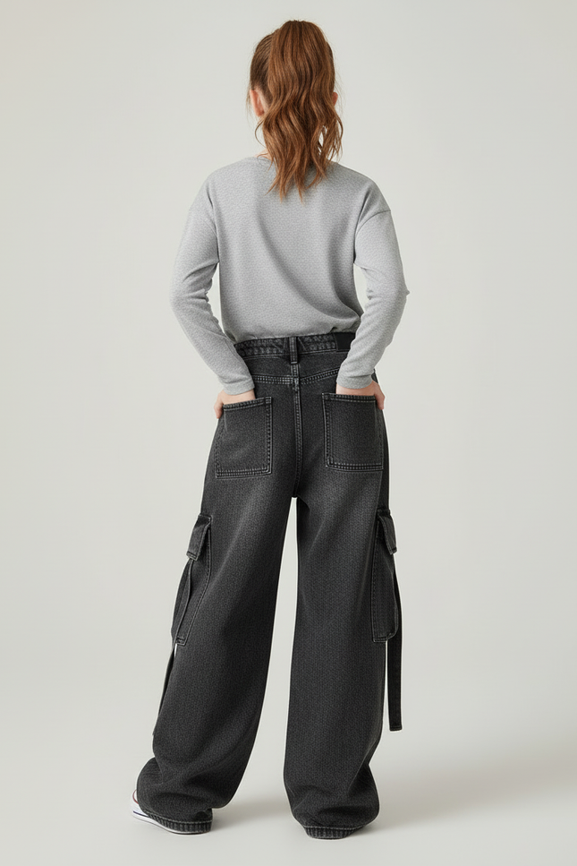 Pantalon Cargo Noir Ample Déchiré Denim Fille - Jean - vue 2