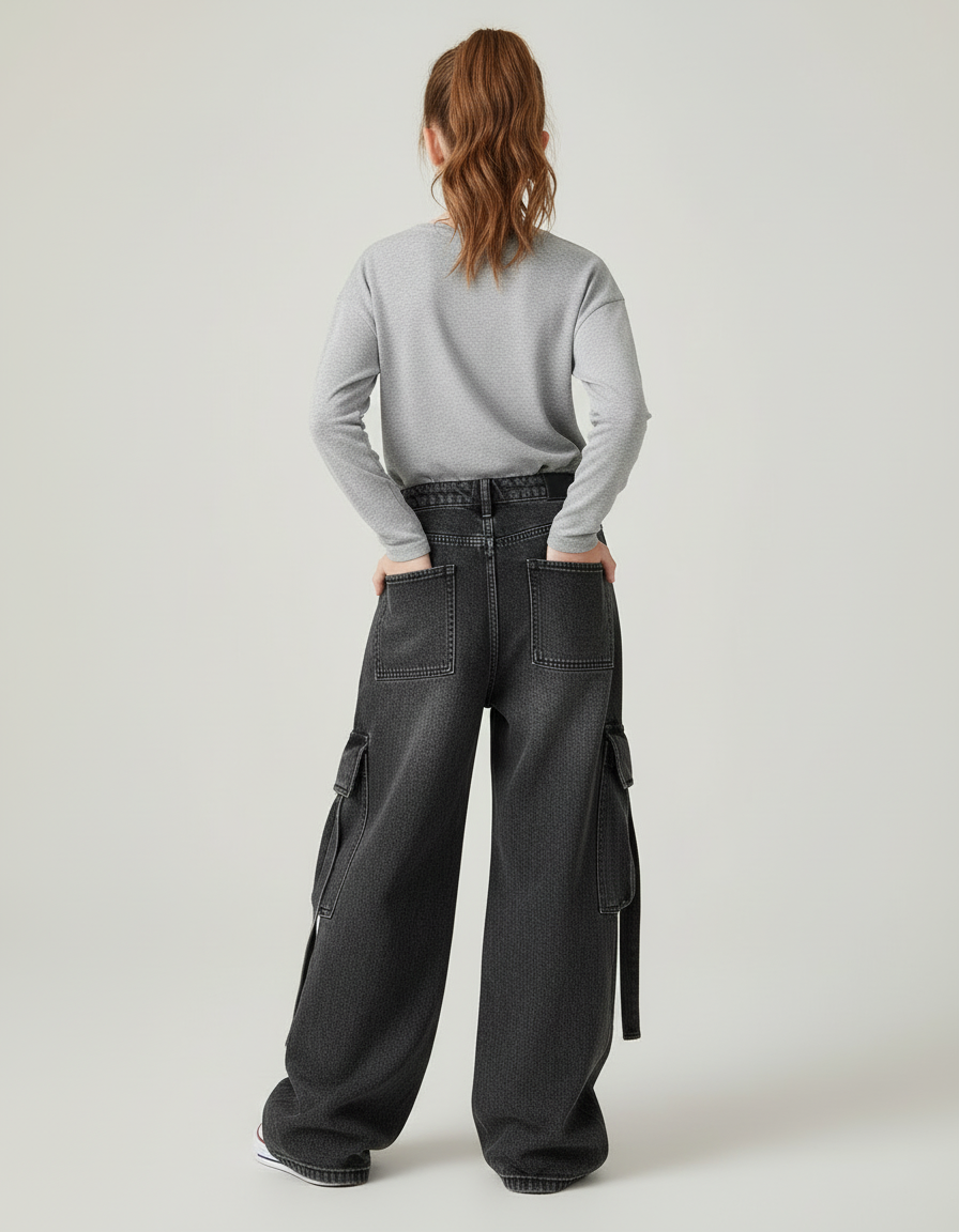 Pantalon Cargo Noir Ample Déchiré Denim Fille - Jean - vue 2