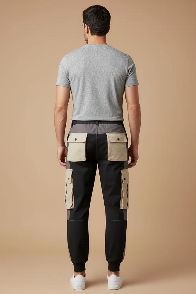 Pantalon Cargo Homme Noir Patchwork Poches Streetwear - Toile - vue 2