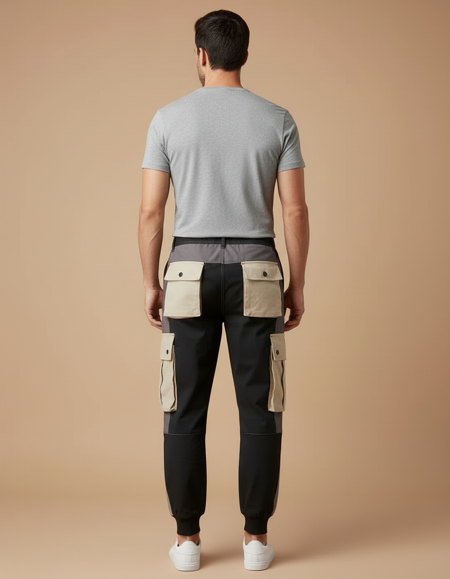Pantalon Cargo Homme Noir Patchwork Poches Streetwear - Toile - vue 2