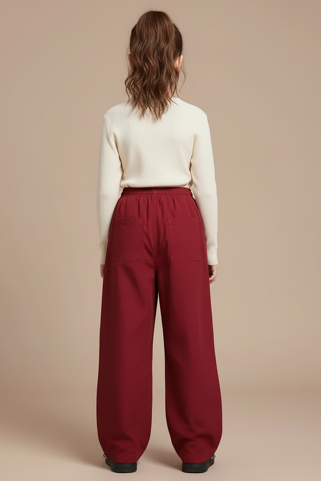Pantalon Cargo Rouge Ample Multipoches Fille Décontracté - Bordeaux Polyester - vue 2