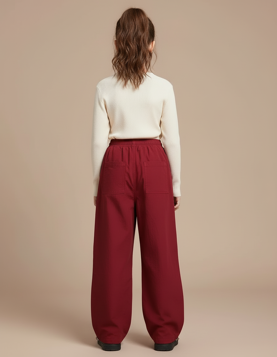 Pantalon Cargo Rouge Ample Multipoches Fille Décontracté - Bordeaux Polyester - vue 2