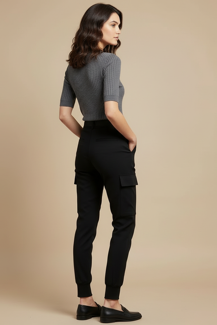 Pantalon Cargo Noir Décontracté Ceinturé Femme Slim - Polyester - vue 2