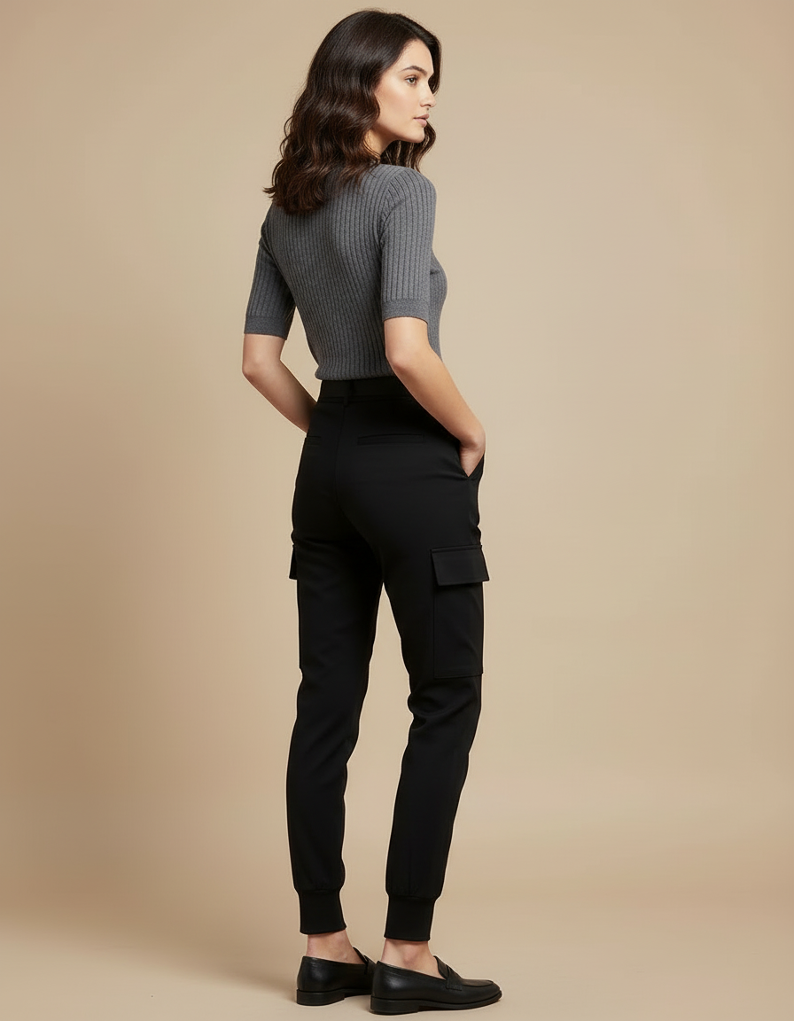 Pantalon Cargo Noir Décontracté Ceinturé Femme Slim - Polyester - vue 2