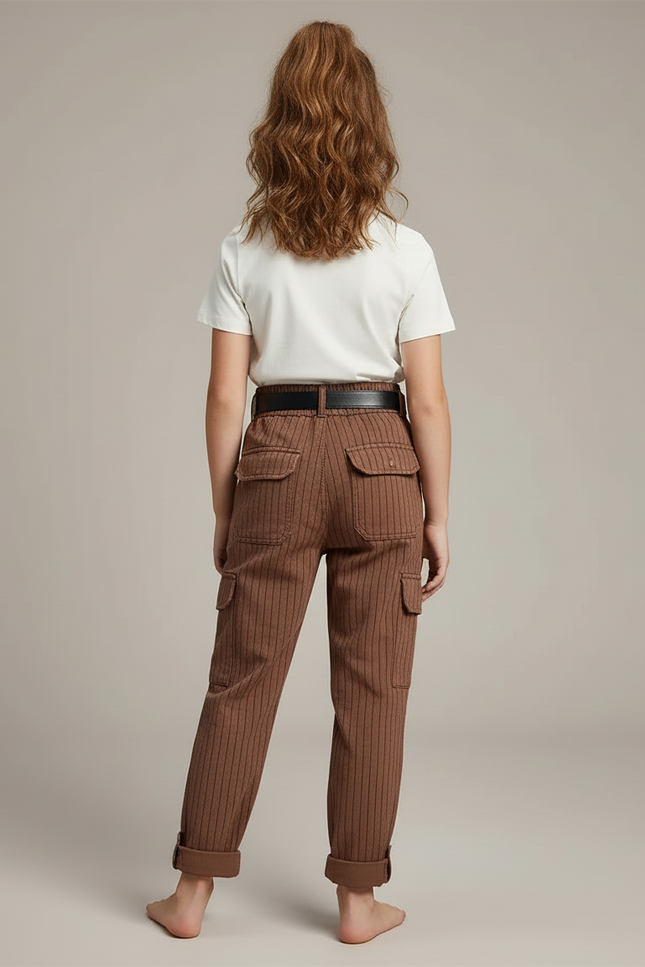 Pantalon Cargo Marron Rayé Ample Décontracté Enfant - Toile - vue 2