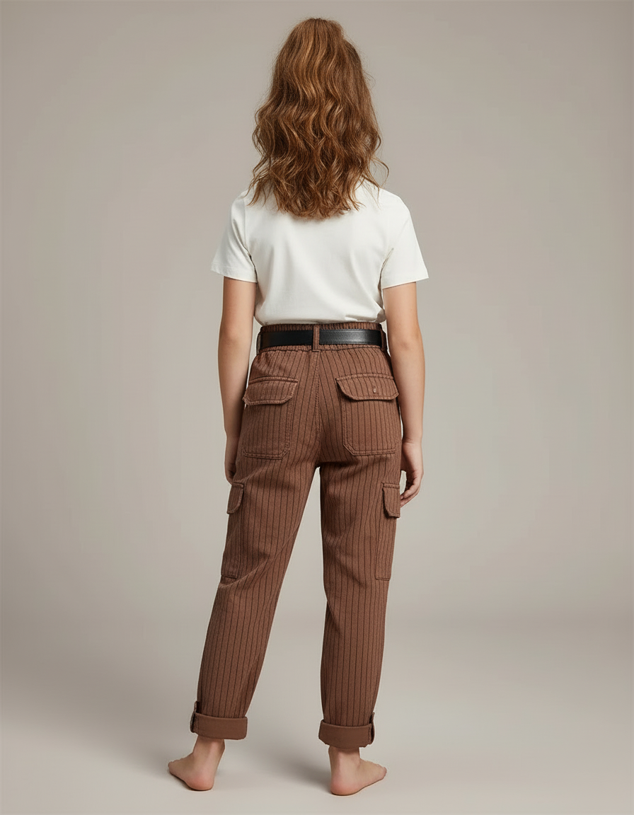 Pantalon Cargo Marron Rayé Ample Décontracté Enfant - Toile - vue 2