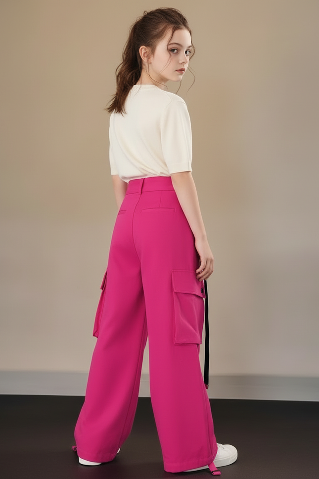 Pantalon Cargo Rose Ample Poches Bretelles Enfant - Gabardine - vue 2