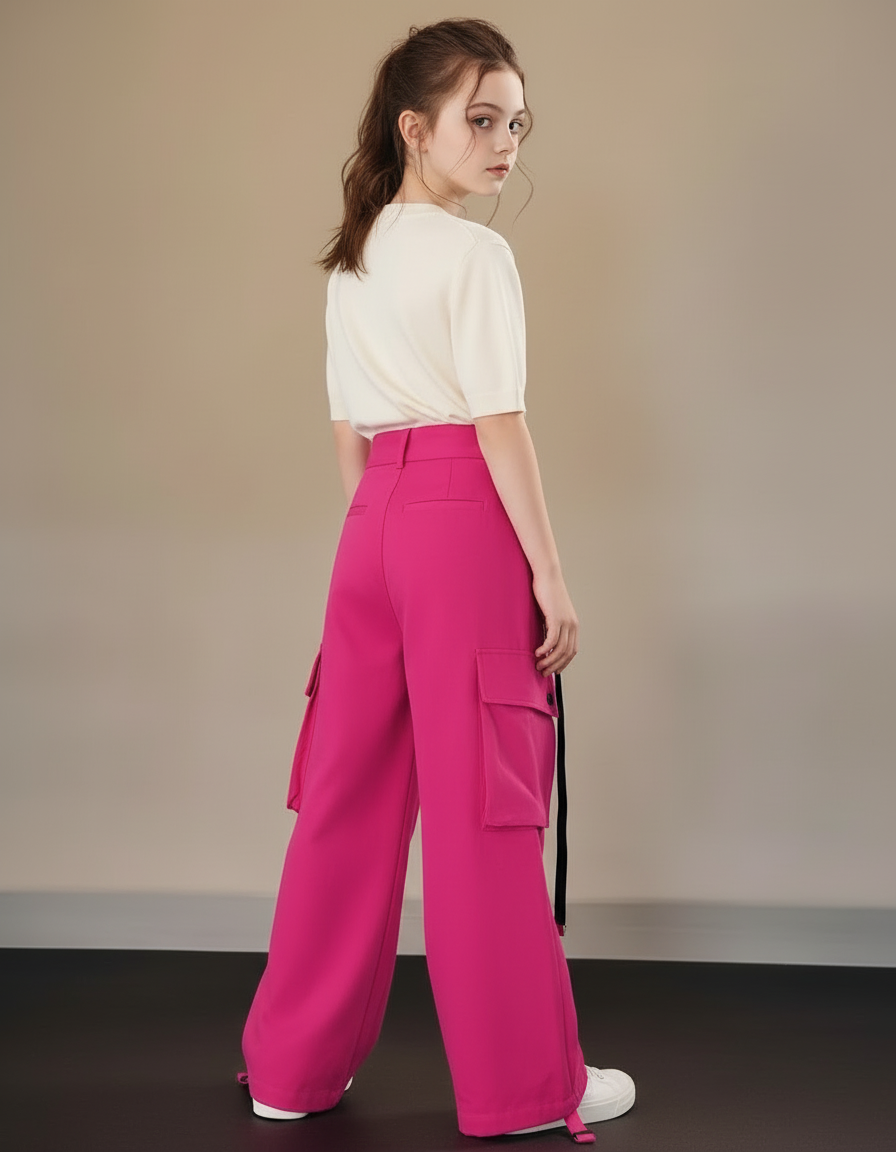 Pantalon Cargo Rose Ample Poches Bretelles Enfant - Gabardine - vue 2