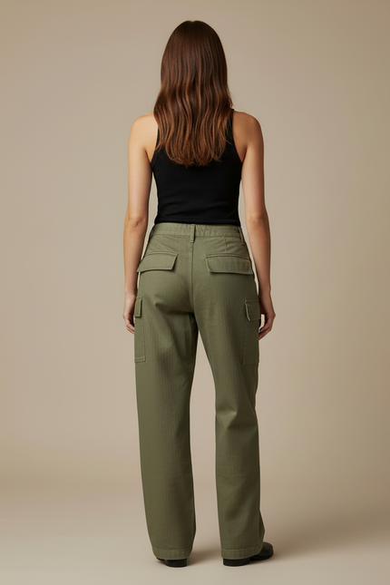 Pantalon Cargo Vert Militaire Ample Coton Poches - Kaki - vue 2