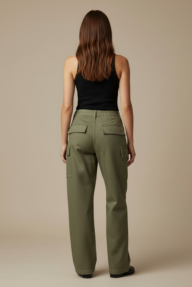 Pantalon Cargo Vert Militaire Ample Coton Poches - Kaki - vue 2
