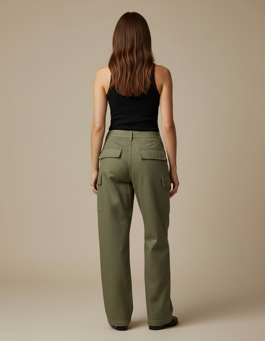 Pantalon Cargo Vert Militaire Ample Coton Poches - Kaki - vue 2
