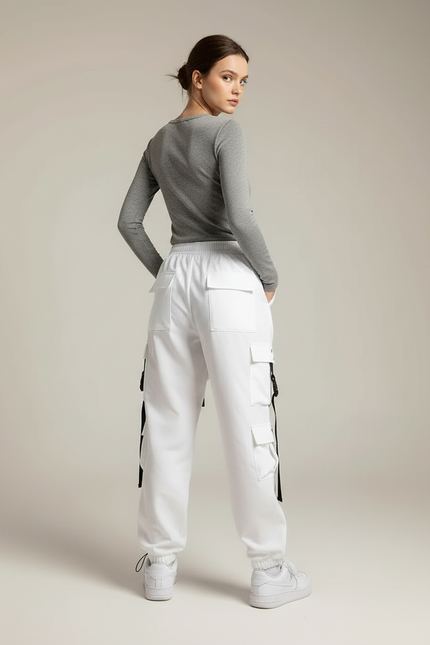 Pantalon Cargo Blanc Ample Multipoches Sangles Femme - Polyester - vue 2